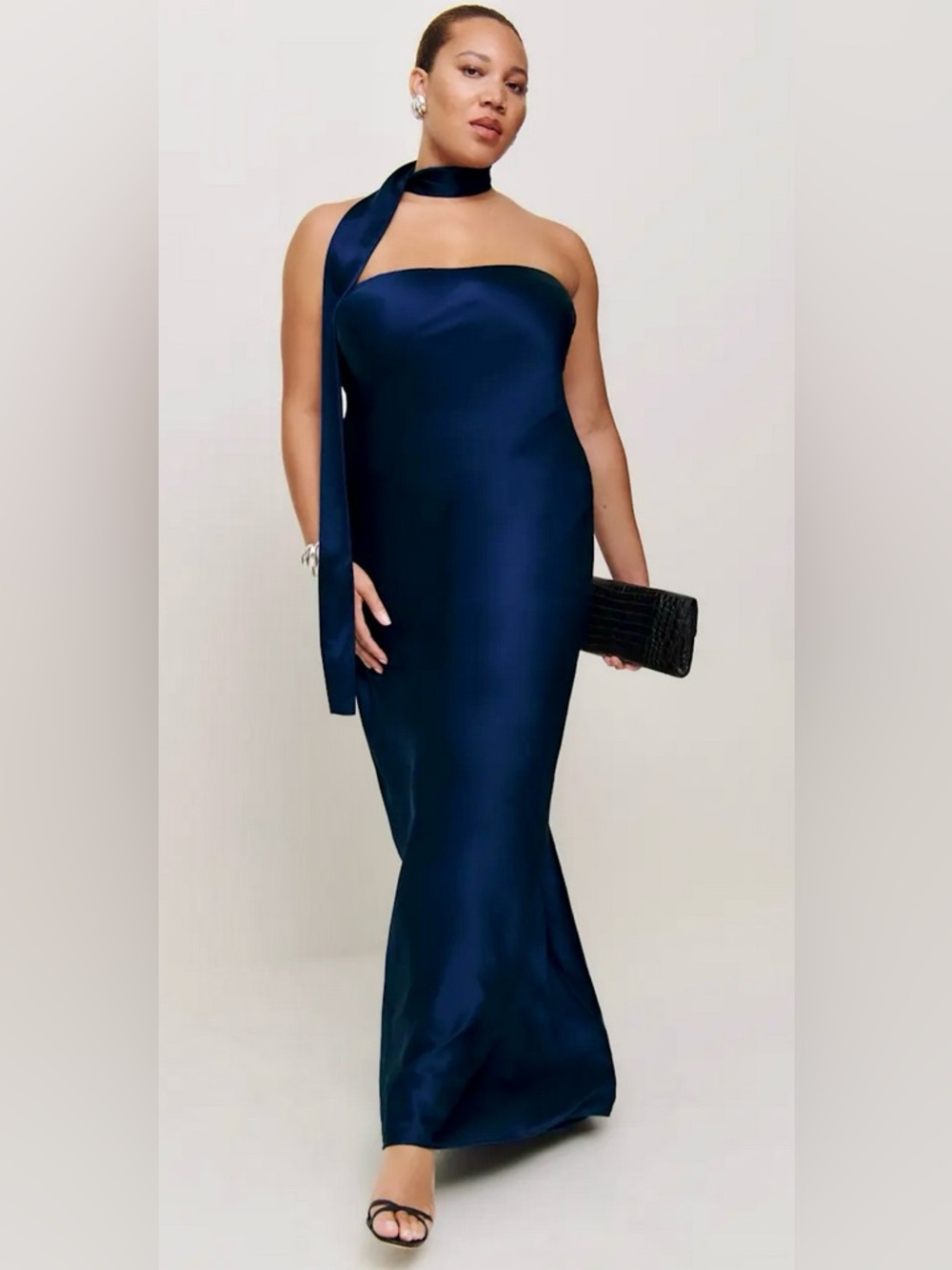 Reformation "Oren" Strapless Navy Silk Gown with Neck Sash